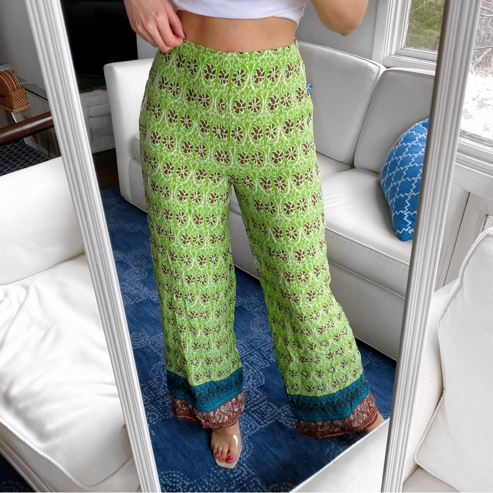 🌿 ZARA BOHO GREEN MULTI FLORAL HIGH WAIST PALAZZO PANTS!